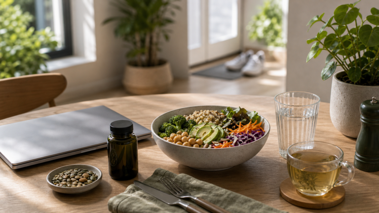 Table de cuisine avec repas equilibre, eau et ordinateur ferme pour gerer le coup de mou apres dejeuner