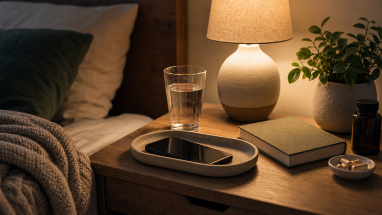 Table de nuit avec telephone pose face cachee, livre, eau et lumiere chaude pour routine deconnexion numerique