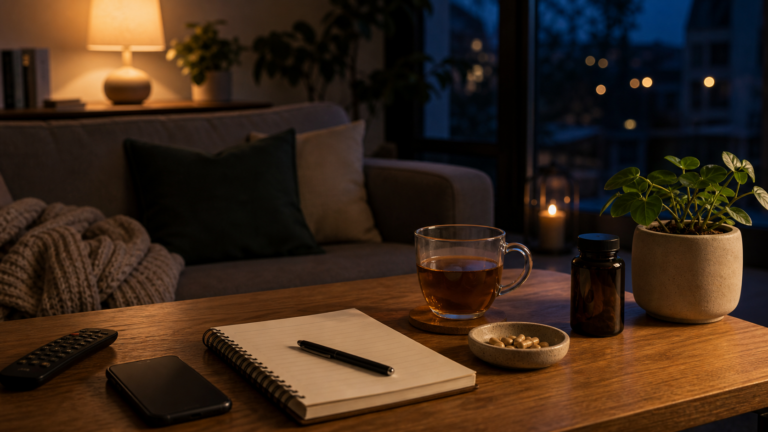 Table basse au crepuscule avec telephone pose face cachee, carnet et boisson chaude pour limiter le doomscrolling
