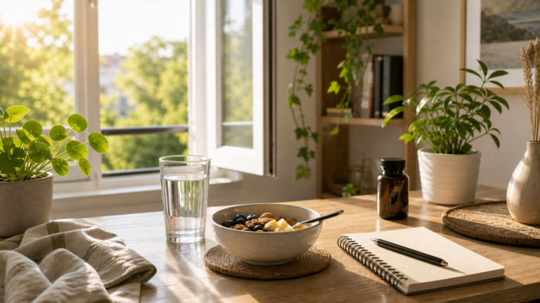 Lumiere du matin entrant par une fenetre avec eau, carnet et petit-dejeuner simple pour energie naturelle