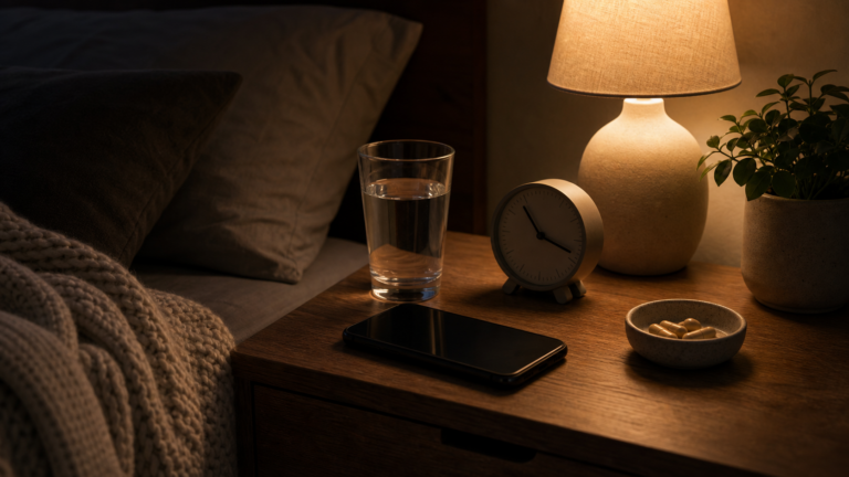 Table de nuit calme avec telephone face cachee, reveil, eau et lampe chaude pour limiter les notifications la nuit