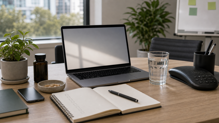 Bureau professionnel avec ordinateur, carnet de notes, eau et complements, ambiance concentration en reunion