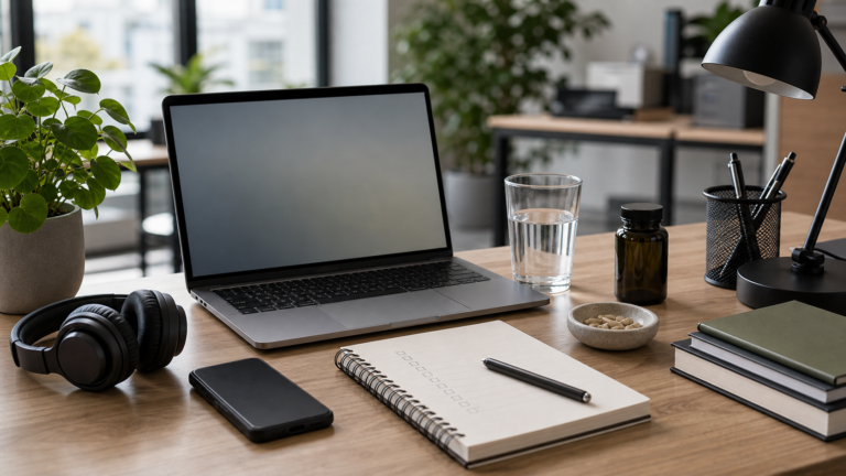 Bureau organise avec ordinateur, telephone pose face cachee, casque, carnet et eau, ambiance concentration au travail