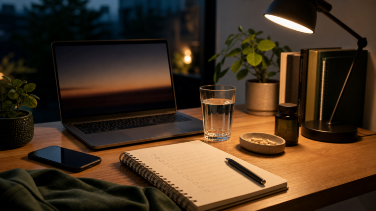 Bureau calme le soir avec ordinateur, carnet, eau et complements, ambiance sommeil et concentration