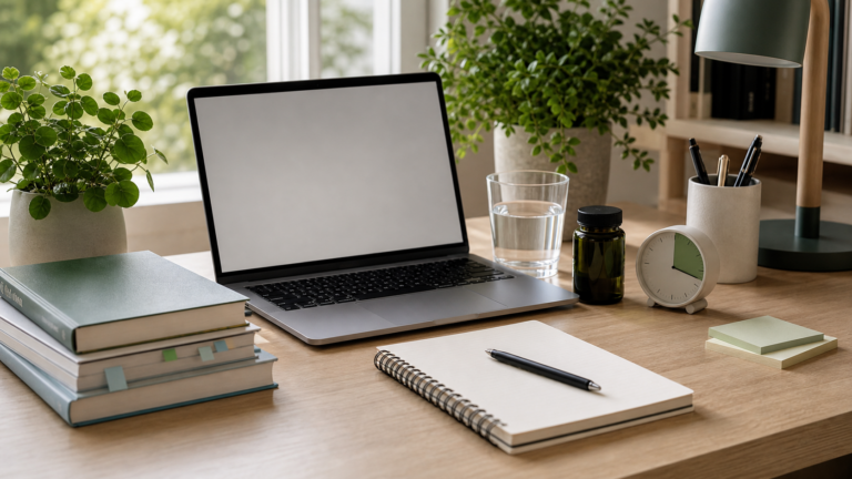Bureau d etudes avec ordinateur, cahiers, eau, minuteur et complements, ambiance revisions et recuperation