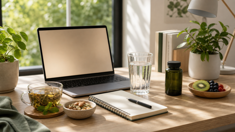Bureau lumineux avec tisane, eau, ordinateur, carnet et complements, ambiance energie sans cafeine