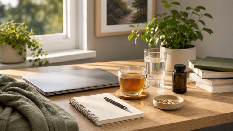 Bureau calme avec ordinateur ferme, boisson chaude, eau et complements, ambiance recuperation et energie durable